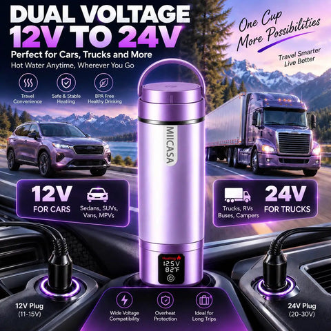 Ride Ready 12V 24V Vacuum Insulated Car Electric Kettle With Six Custom Temperatures And Auto Shut Off Keeps Your Brews Piping Hot For Road Warriors On Long Drives displayed in car console with purple design.