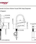 Diagram of Brushed Gold Kitchen Sink Faucet With Pull Down Spray And Built In Soap Dispenser, dimensions and installation