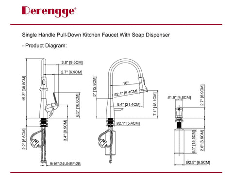 Diagram of Brushed Gold Kitchen Sink Faucet With Pull Down Spray And Built In Soap Dispenser, dimensions and installation