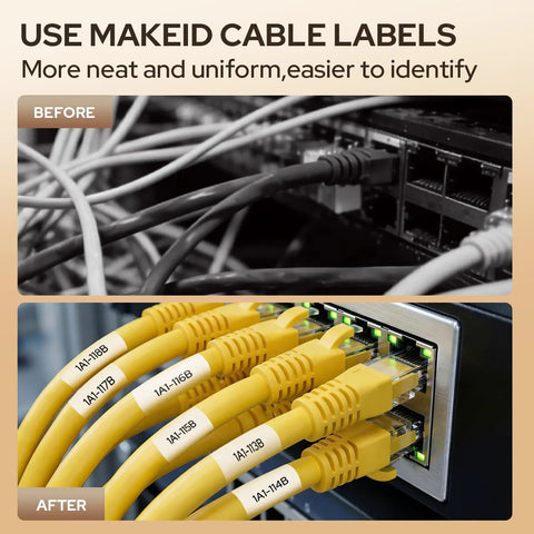 Before and after of network cables with and without MakeID cable labels for organization.