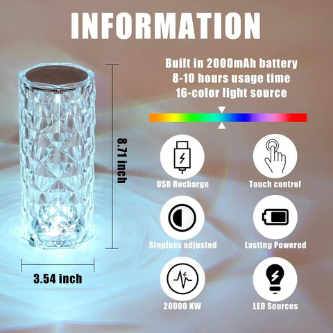 Crystal Table Lamp With RGB Color Changing LED, dimensions and features, 3.54x8.71 inches, remote or touch control, 16 color modes