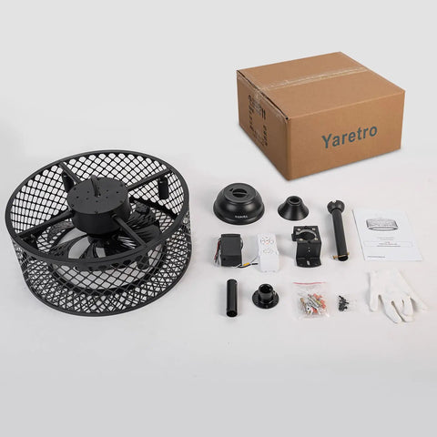 Dope Caged Ceiling Fan With Lights Remote Control, Industrial Enclosed Blades, Reversible Motor, 3 Speeds, 18 Inch Black Fixture For Living Room, Bedroom, Kitchen Island, Dining Room