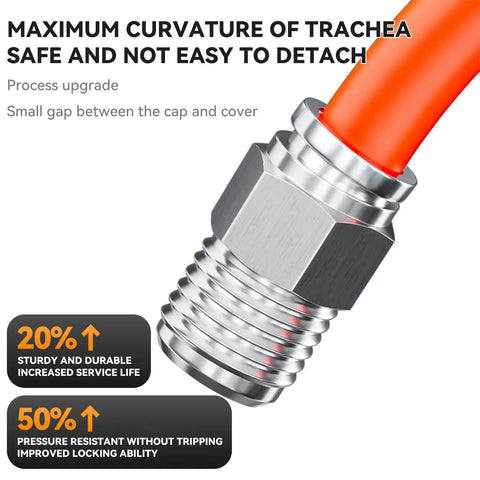 Close-up of 304 Stainless Steel Straight Push-To-Connect Fittings Male 5/32 Inch Tube OD M5 Thread with orange tubing attached