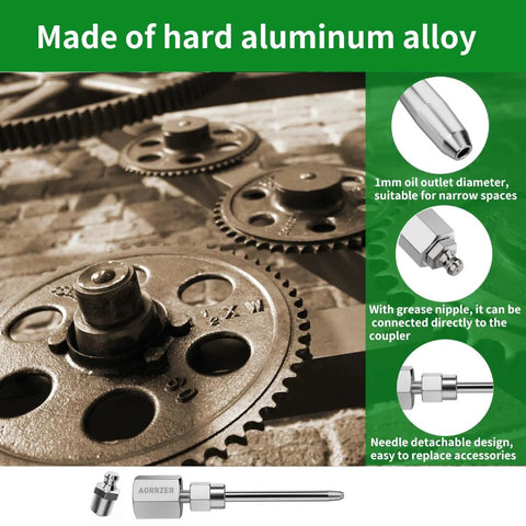 narrow access grease gun needle set with zerk fittings displayed with gears