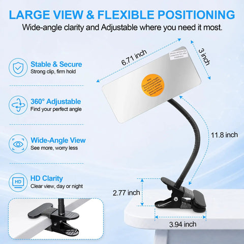 Real Deal Rectangle Convex Traffic Safety Mirror 6.7 By 3 Inches mounted with a flexible arm for wide-angle corner visibility.