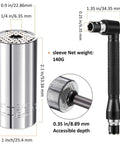 Flexible Drill Bit Extension Set With Bendable Shaft 105 Degree Angle, featuring adapter and socket dimensions and net weight details.