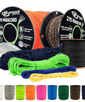 Spools of 275 lb paracord 2.38 mm nylon crafting cord shown in various colors including olive drab, used for camping and DIY projects.