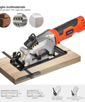 Yunirvana 4-Amp mini circular saw with laser guide on wooden jig; includes two 4-1/2 in 24T blades