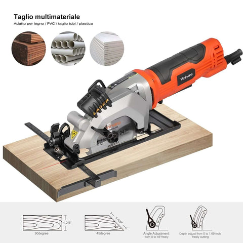 Yunirvana 4-Amp mini circular saw with laser guide on wooden jig; includes two 4-1/2 in 24T blades
