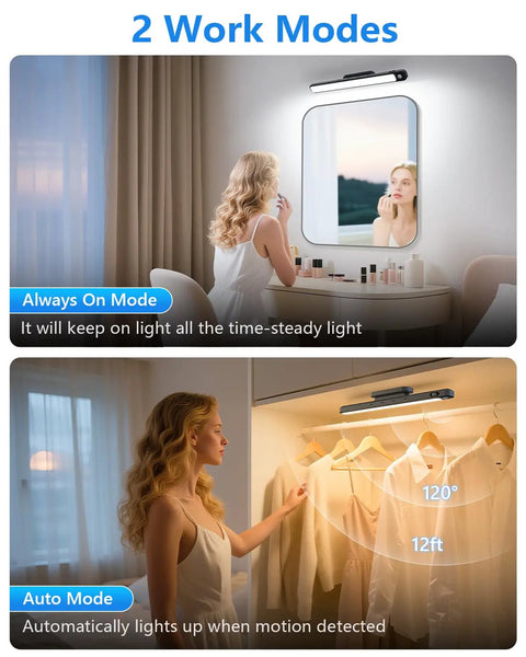 Woman using 5W Motion Sensor LED Light Bar For Under Cabinet And Closet, Rechargeable 2500mAh, showing two work modes.