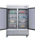 Straight Up Two Door Commercial Reach In Freezer Upright Auto Defrost Design With Bottom Mount Condenser showcasing shelves filled with meat and frozen foods.