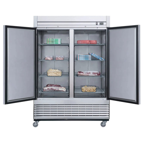 Straight Up Two Door Commercial Reach In Freezer Upright Auto Defrost Design With Bottom Mount Condenser showcasing shelves filled with meat and frozen foods.