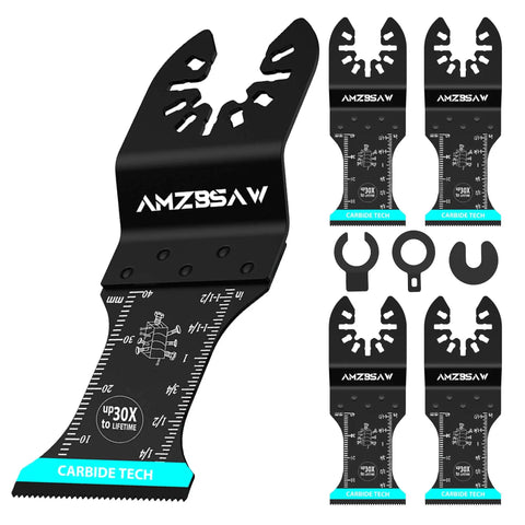 Heavy Duty Five Piece Carbide Oscillating Multi Tool Blades For Cutting Bolts Screws And Sheet Metal set with black carbide design.