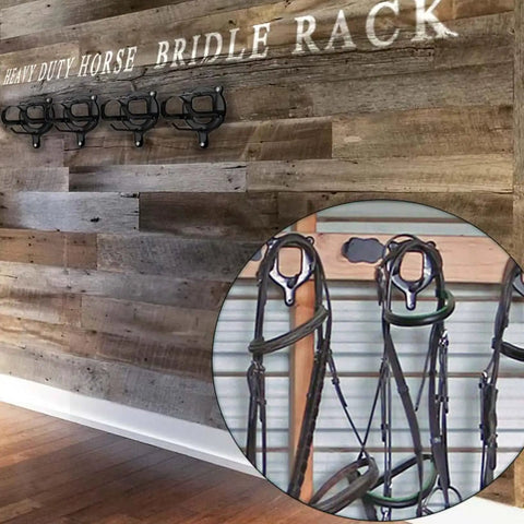 Heavy Duty Horse Bridle Rack With Bracket Hooks For Tack Room Organization Metal Halter Hanger on wooden wall