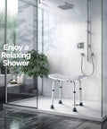 Shower Chair With Back Scrubber And Sponge, Tool Free Setup, Adjustable Height 13 To 19 Inches in modern bathroom setting