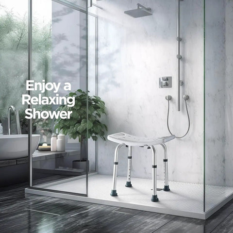 Shower Chair With Back Scrubber And Sponge, Tool Free Setup, Adjustable Height 13 To 19 Inches in modern bathroom setting