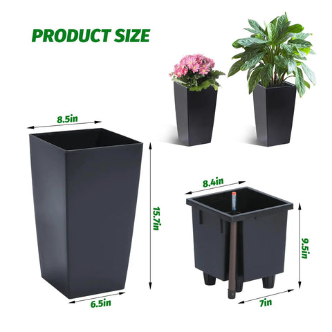 16 Inch Tall Planters Set Of 2 For Indoor And Outdoor Use In Black With Drainage Holes Inner Bucket And Water Level Monitors