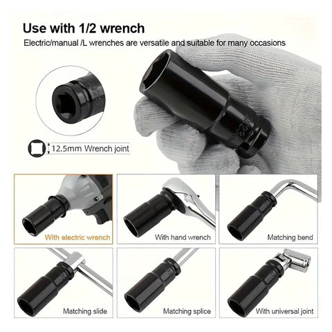 Hand holding socket from 20 Pieces 8 To 32 Millimeters Hex Air Socket Set With Extensions For Electric Wrench And Air Gun Repairs