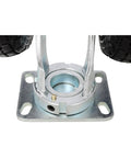 10 Inch Dual Flat Free Swivel Caster Ready To Roll Built Tough For Rough Floors 660 Lb Heavy Load Capacity PU Foam Wheel With Roller Bearing Zinc Plated Industrial Swivel Wheel For Fragile Equipment Transport, zinc-plated base plate close-up