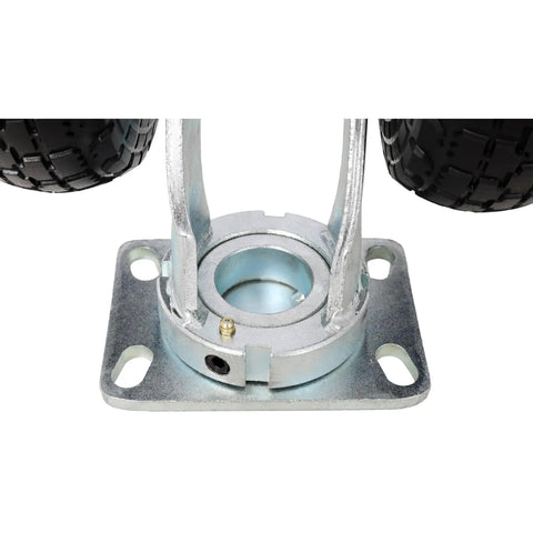 10 Inch Dual Flat Free Swivel Caster Ready To Roll Built Tough For Rough Floors 660 Lb Heavy Load Capacity PU Foam Wheel With Roller Bearing Zinc Plated Industrial Swivel Wheel For Fragile Equipment Transport, zinc-plated base plate close-up