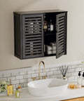 Black Bamboo Over The Toilet Wall Mounted Bathroom Storage Cabinet With Three-Position Adjustable Shelf Hanging Medicine Cabinet With Double Doors Space Saver Organizer For Bathroom Essentials