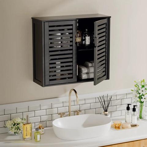 Black Bamboo Over The Toilet Wall Mounted Bathroom Storage Cabinet With Three-Position Adjustable Shelf Hanging Medicine Cabinet With Double Doors Space Saver Organizer For Bathroom Essentials