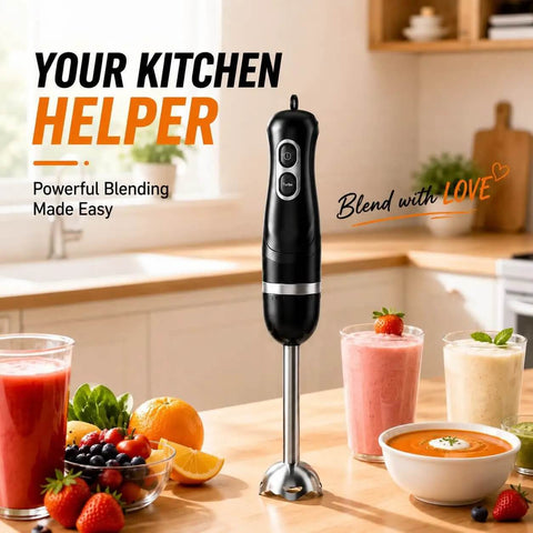 Hella Smooth Corded Immersion Blender With Two Knockout Speeds And A Beefy Copper Motor For Effortless Soup Puree Sauce Blending Paired With Stainless Steel Blades For Zero Fuss Kitchen Prep Magic on kitchen counter with smoothie and soup.