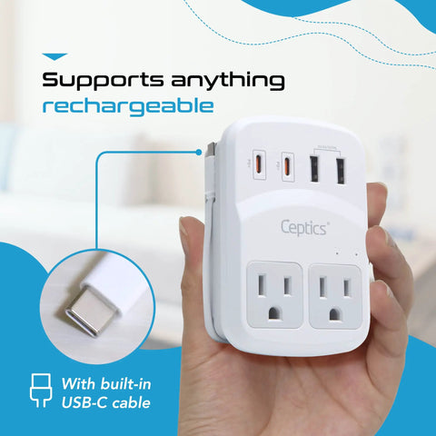 Person holding World Travel Adapter Kit With 2 US Outlets 2 USB A Quick Charge 3.0 2 USB C 20W Power Delivery Surge Protection SWADAPT