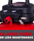 Heavy Duty Six Gallon Pancake Air Compressor With Dependable Oil Free Pump Generating 150 Psi And Smooth 2.6 Cfm Airflow close-up of controls.