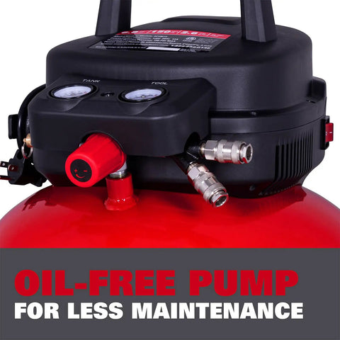 Heavy Duty Six Gallon Pancake Air Compressor With Dependable Oil Free Pump Generating 150 Psi And Smooth 2.6 Cfm Airflow close-up of controls.