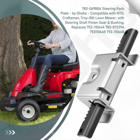 Steering Rack Plate for MTD Craftsman and Troy-Bilt Lawn Mowers Replaces 753-11064A 783-07239A 75311064B with lawn mower in background.
