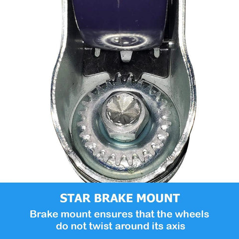 Set of four 3-inch stainless steel caster wheels with star-brake mount for metal prep tables, blue wheels