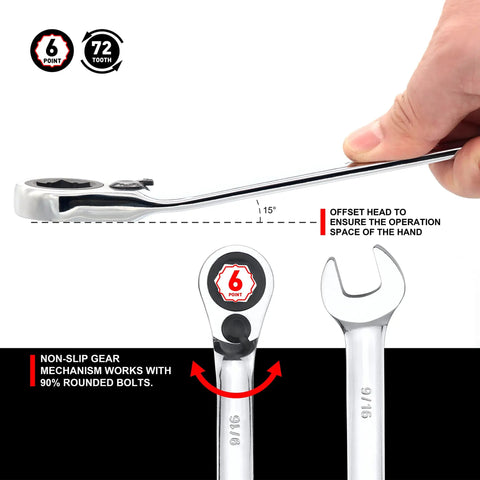 Reversible 20-Piece Ratcheting Wrench Set With Long Pattern, 6-Point Non-Slip Wrenches, 15-Degree Offset in use demonstration.
