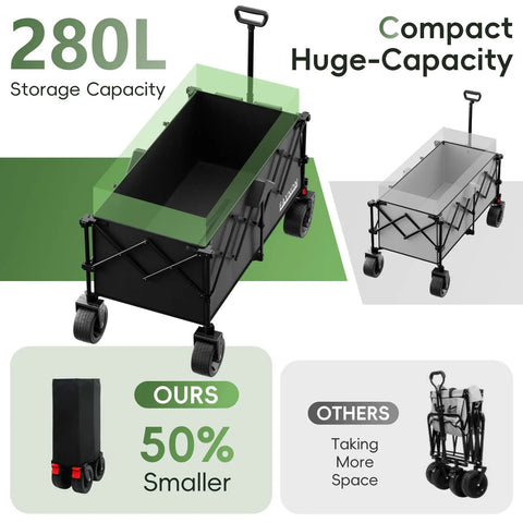 Front view of 46 Inch Collapsible Wagon With 500 Pound Capacity Foldable Utility Cart All Terrain Beach Wheels Drink Holders Heavy Duty