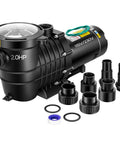 Heavy Duty Workhorse 2.0Hp Pool Pump Cranks Out 6800 Gph With Dual Voltage 115V Or 230V For In And Above Ground Pools Featuring Self Priming Impeller And Quiet Operation with various fittings.