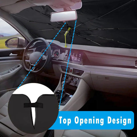 Foldable Windshield Sun Shade Umbrella fits Tesla Model 3 Y S X Cybertruck, shown in car interior with top opening design.
