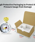 2.5 Inch Dial Water Pressure Gauge With Three Quarters Inch Female Hose Thread Waterproof Pressure Tester and packaging