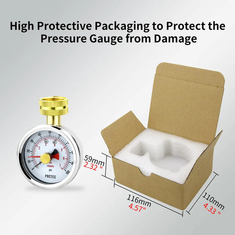 2.5 Inch Dial Water Pressure Gauge With Three Quarters Inch Female Hose Thread Waterproof Pressure Tester and packaging