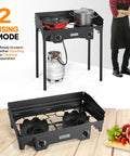 Go To Two Burner Outdoor Camp Stove with Wind Panel and 150000 BTU Propane Burner, shown with detachable legs and pots