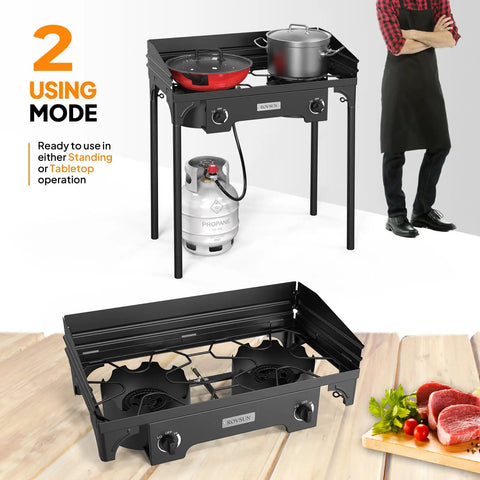 Go To Two Burner Outdoor Camp Stove with Wind Panel and 150000 BTU Propane Burner, shown with detachable legs and pots