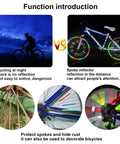 Function introduction showing Colorful Reflective Spoke Wraps Kit For Bikes 84 Pieces 7 Sets Easy Install reflecting at night