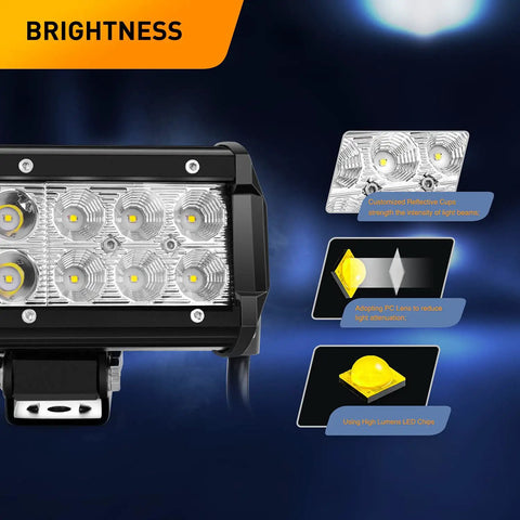 12 Inch 72W LED Light Bar Kit With 2 Pack 4 Inch 18W LED Pods Off Road Wiring Harness 16AWG 3 Leads For Truck SUV ATV UTV Golf Cart Boat With 2 Years Warranty, front view