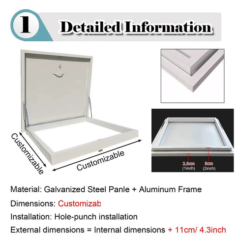 Heavy Duty Customizable Roof Access Hatch Door For Attic Skylight, Maintenance Cover For Factory, Warehouse, And Home, Rainproof, Anti Theft, Blackout, Steel Panel With Aluminum Frame, 30x32 Inches, open with dimensions