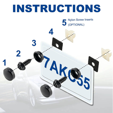 Installation guide for Stainless Steel Anti Theft License Plate Screws 8 Pack Black Tamper Proof Bolts with nylon inserts.