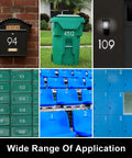 Collage showing 2 Inch Reflective Mailbox Numbers for outside, including house, mailbox, bins, and lockers applications.