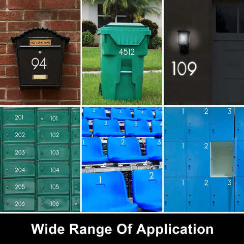 Collage showing 2 Inch Reflective Mailbox Numbers for outside, including house, mailbox, bins, and lockers applications.