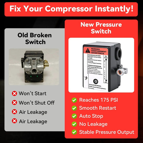 Comparison of old and new pressure switch; OEM Replacement Pressure Switch 23474570 For Air Compressors, 135 And 175 PSI