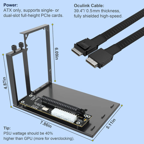OcuLink eGPU dock with 39.4" cable, supporting single or dual-slot PCIe cards. Designed for laptops and mini PCs.