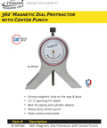 360° magnetic base dial protractor with center punch, solid steel body, 3.2 inch opening, for precision marking and gauging.