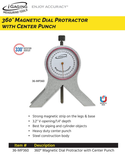 360° magnetic base dial protractor with center punch, solid steel body, 3.2 inch opening, for precision marking and gauging.